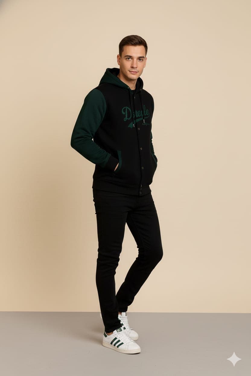 Varsity Button-Front Hoodie — Black / Green
