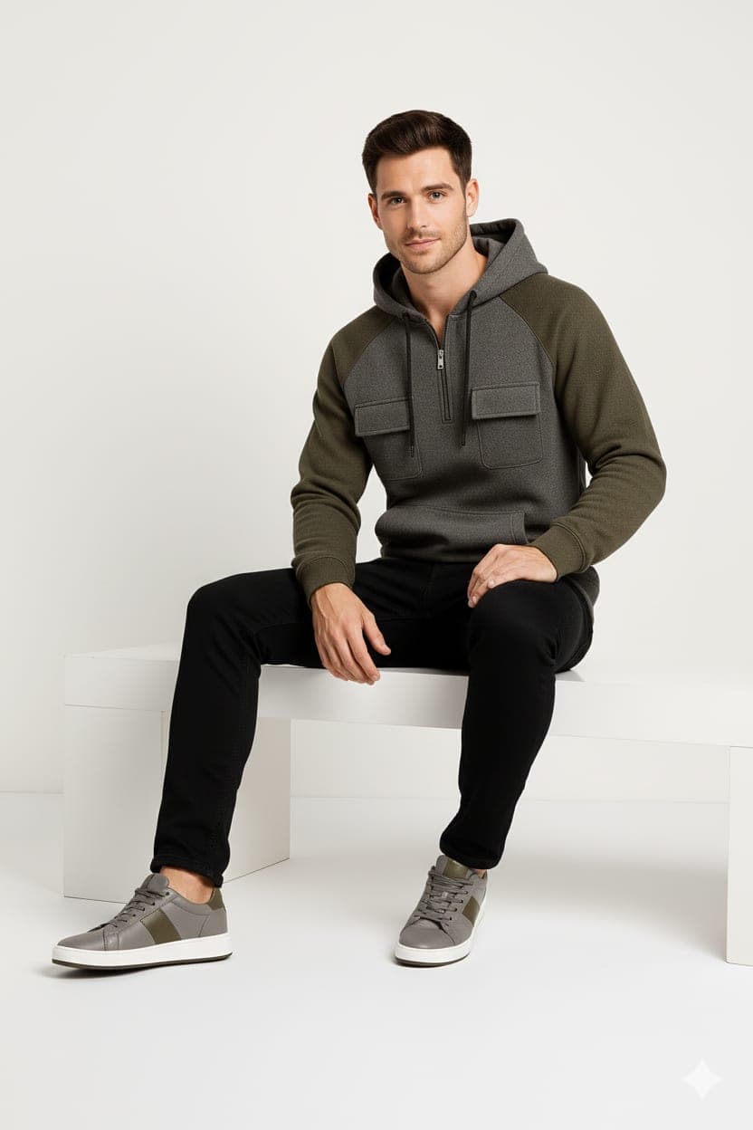 Half-Zip Colour-Block Hoodie with Chest Pockets — Olive