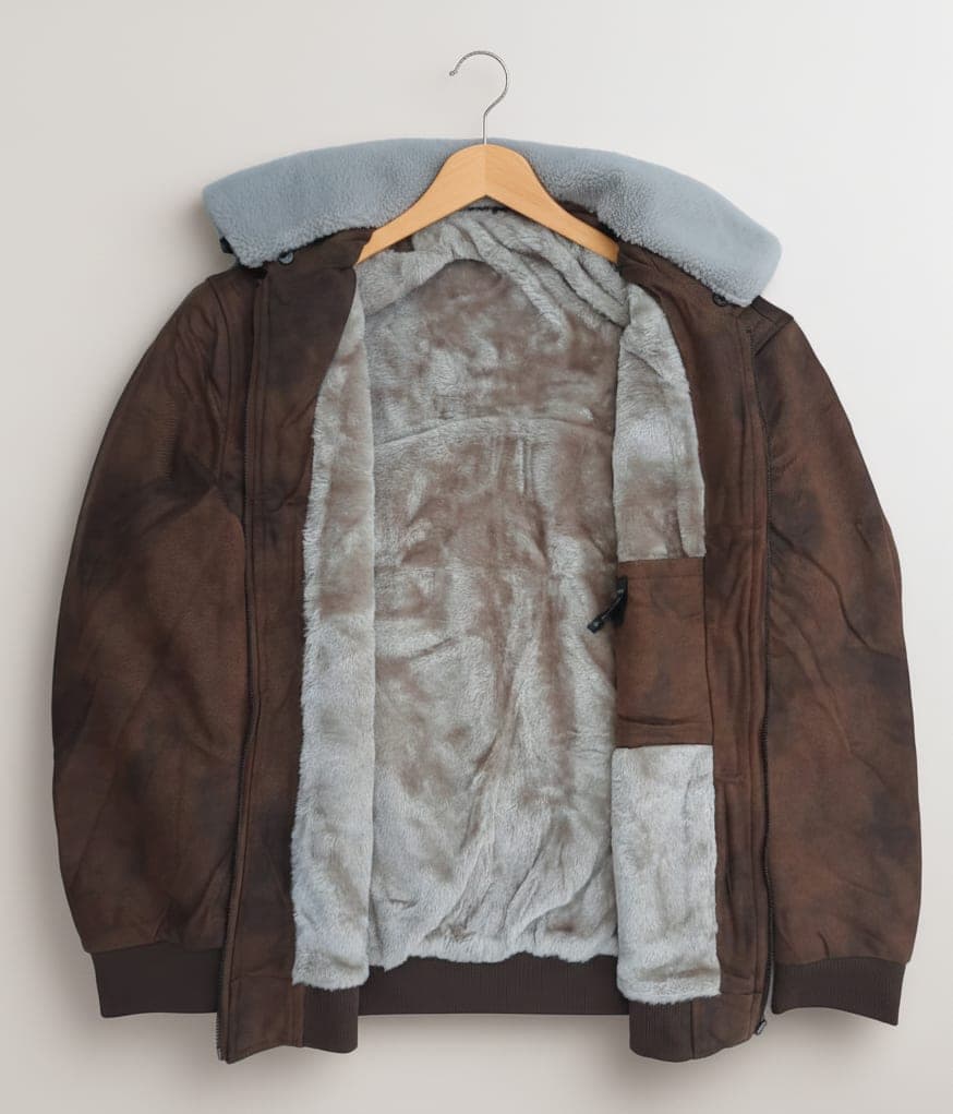 Shearling-Collar Suede-Look Jacket — Brown