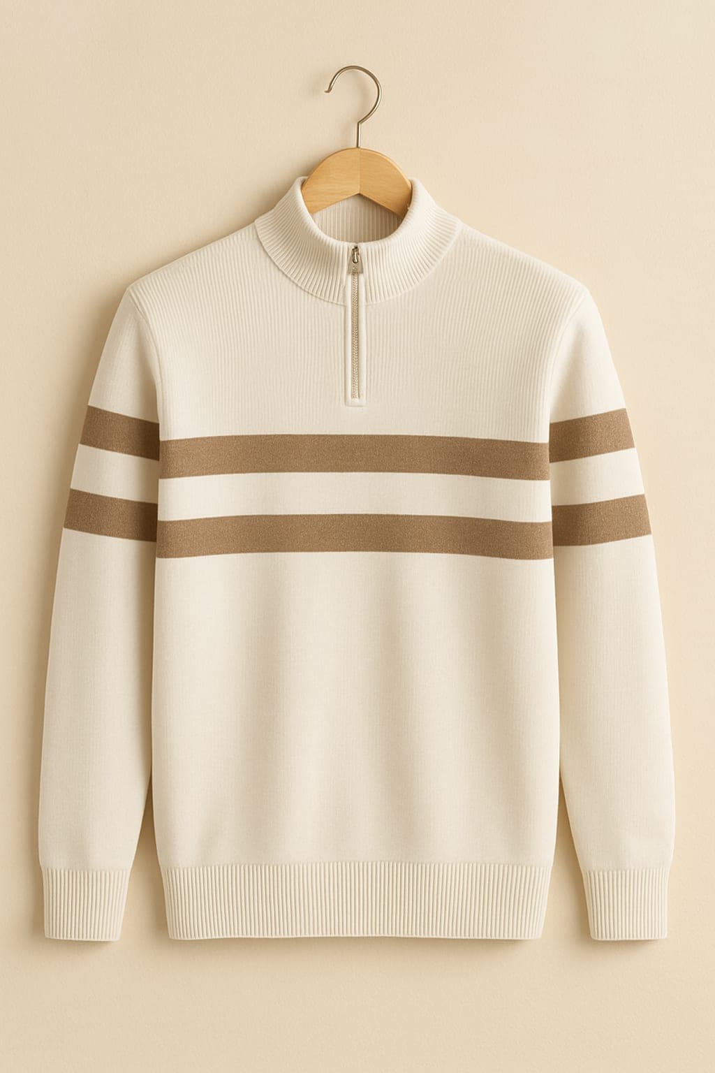 Half-Zip Rabbit-Wool Blend Sweater – Double Stripe — Beige / Cream Stripe