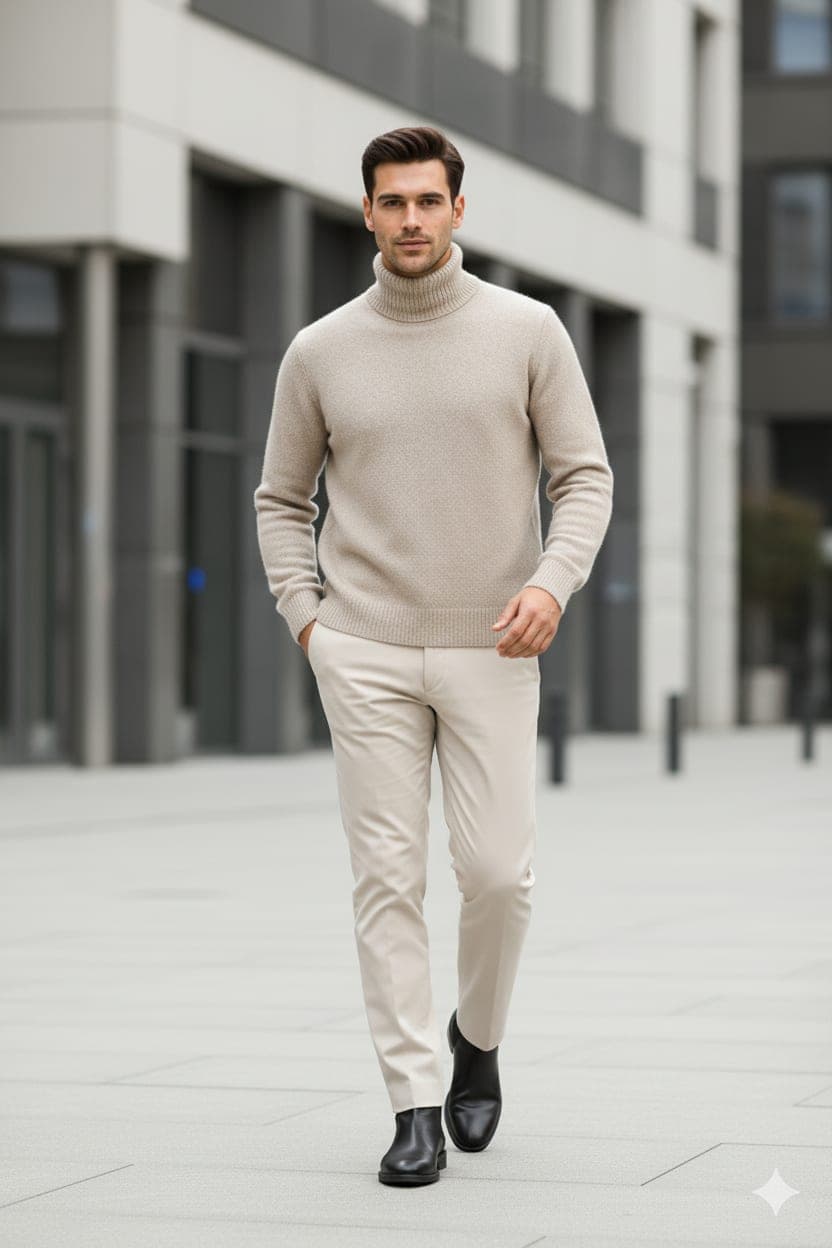 Mock Neck Rabbit-Wool Blend Sweater — Beige
