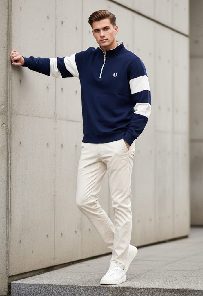 Half-Zip Sweatshirt with Contrast Sleeve Panels — Navy / Cream