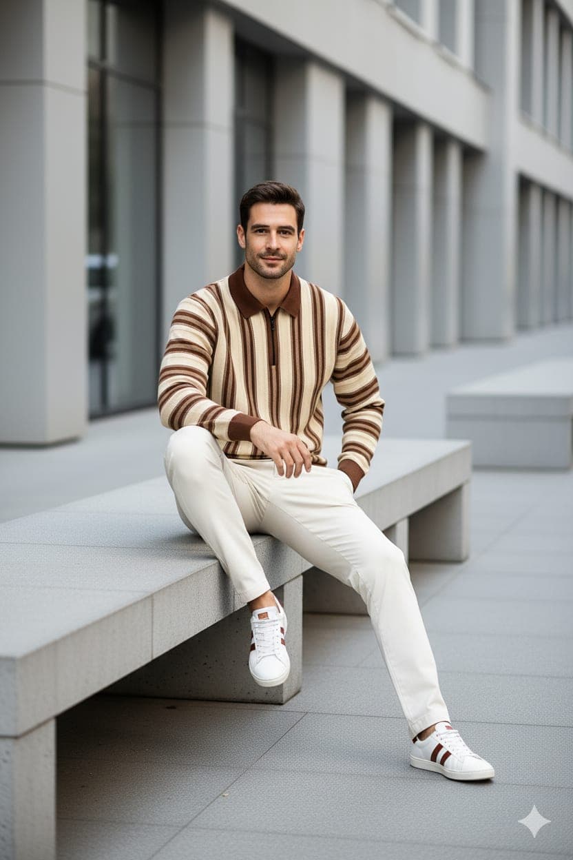 Half-Zip Striped Knit Polo Sweatshirt — Maroon Stripe