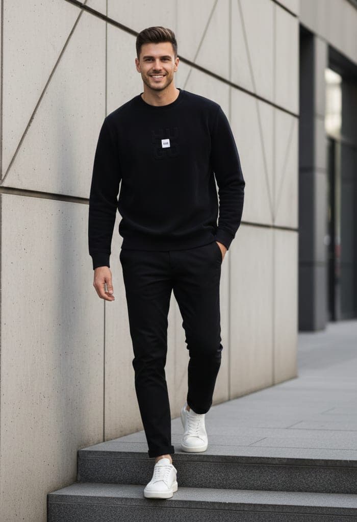 Embossed Crew Neck Sweatshirt — Black