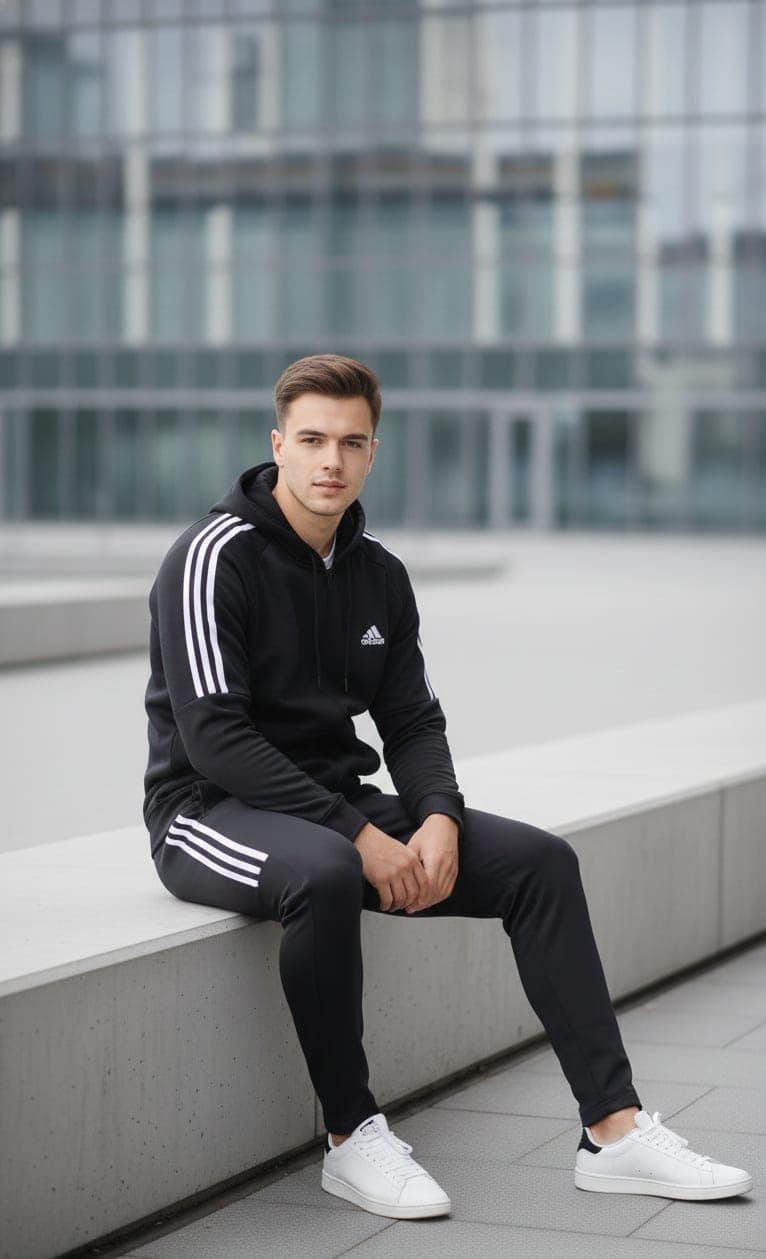 Premium Full-Zip Three-Stripe Tracksuit — Black