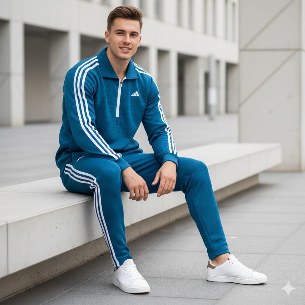 Half-Zip Collared Striped Tracksuit — blue-cyan